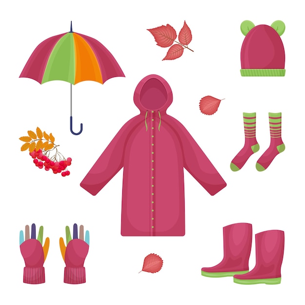 Vector a bright large set consisting of autumn accessories, such as an umbrella,a raincoat,warm socks,rubber boots,gloves,a hat, an autumn red leaf, a rowan tree. autumn symbols. vector illustration.