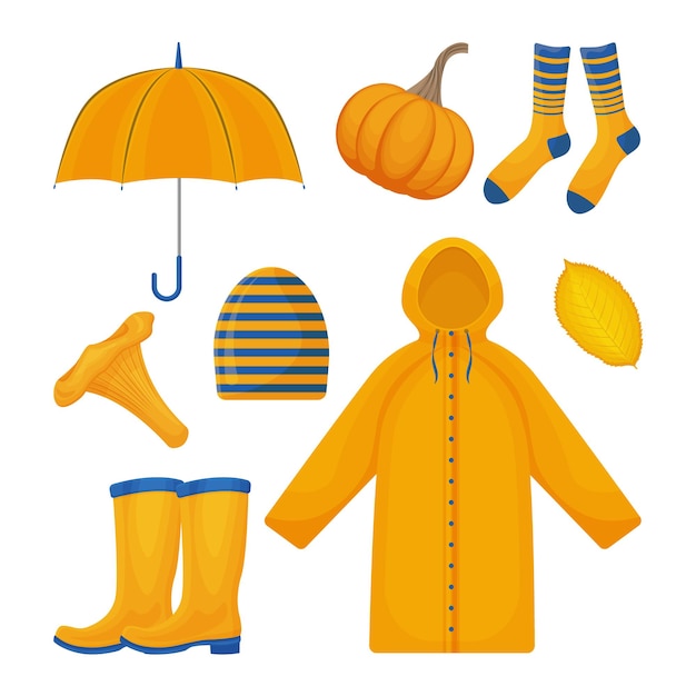 Vector a bright large set consisting of autumn accessories, such as an umbrella,raincoat,warm socks,rubber boots,pumpkin,autumn yellow leaf and also a mushroom. autumn symbols. vector illustration.
