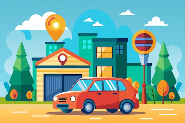 Vector a bright red car is parked near a car rental location with trees and buildings in view under a clear sky car rental illustration