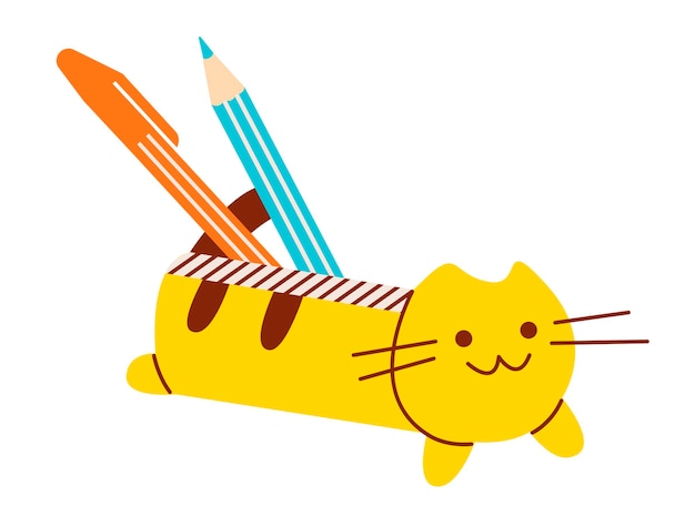 Bright school pencil case filled with school stationery such as pens pencils September 1 concept go to school Flat vector illustration