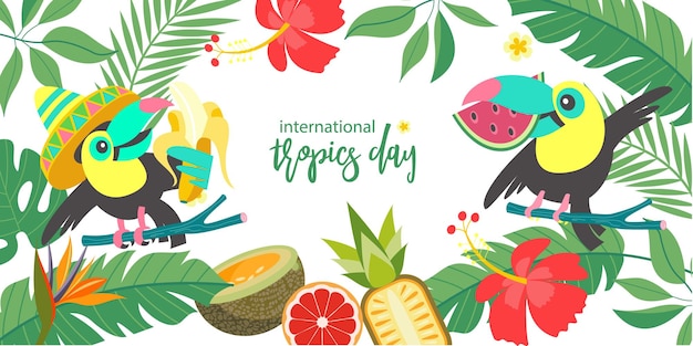 Bright tropical background with cheerful toucans International Day of the Tropics Vector illustration