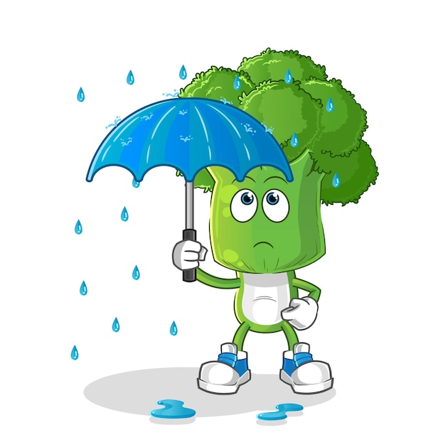 Broccoli head cartoon holding an umbrella illustration character vector