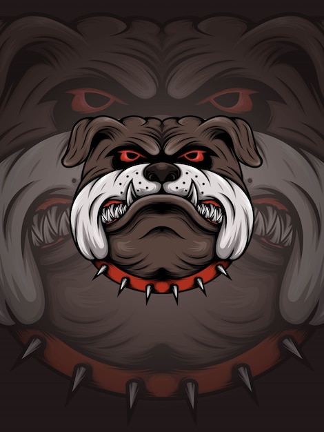 Brown bulldog head with red thorn collar illustration