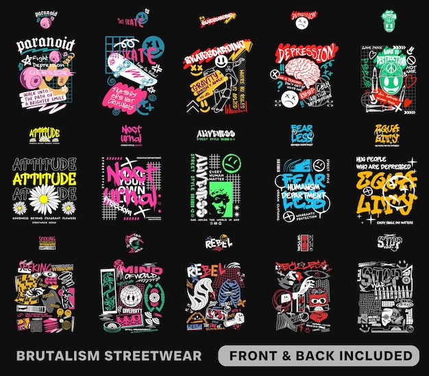 Brutalism Tshirt Designs Bundle Graffiti Streetwear Tshirt Designs Artwork Vector Set