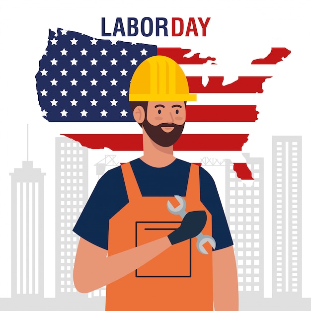 Builder man with usa flag map