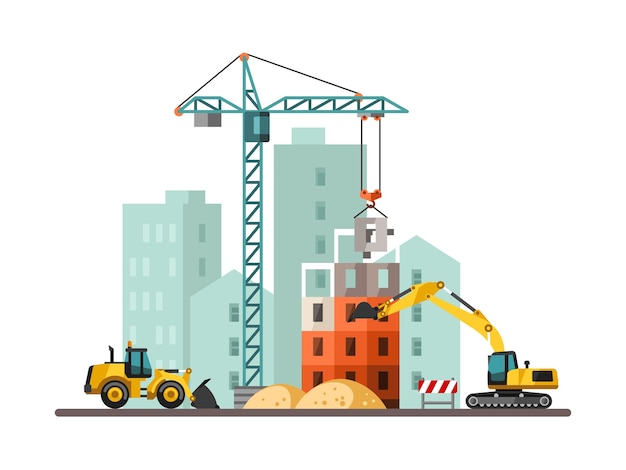 Building work process with houses and construction machines