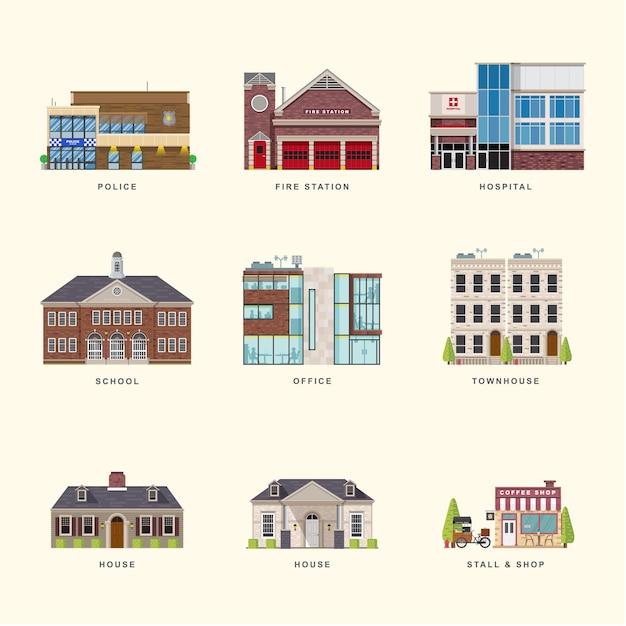 Buildings flat color icon set