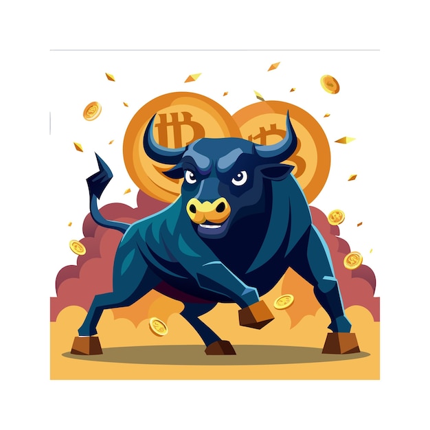 Vector a bull with a bull on its back is running through a pile of gold coins