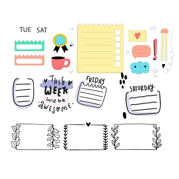 Vector bullet journal hand drawn element set sticker planner label doodle sketch scribble style bullet