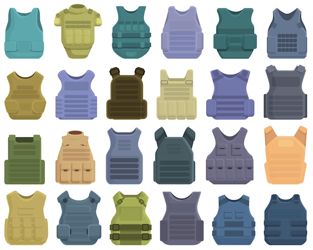 Bulletproof vest icons set cartoon vector Armor body