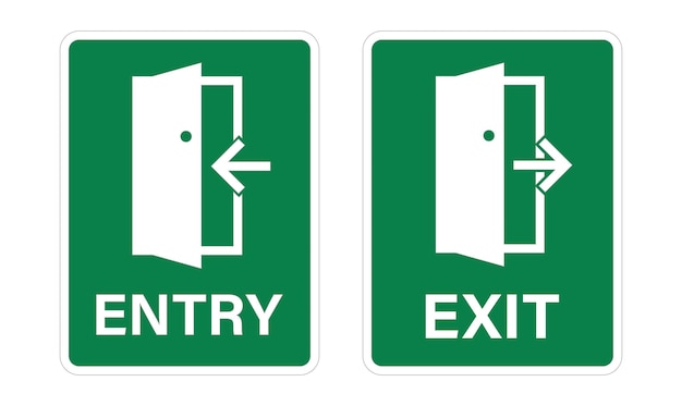 Vector bundle dreen rectangle entry and exit sign with arrow toward opened door illustration