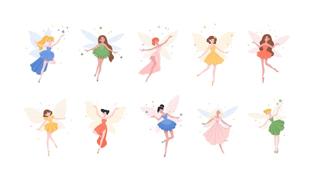 Vector bundle of funny gorgeous fairies in different dresses isolated on white background. set of mythological or folkloric winged magical creatures, flying fairytale characters. flat vector illustration.