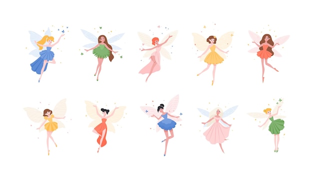 Bundle of funny gorgeous fairies in different dresses isolated on white background. Set of mythological or folkloric winged magical creatures, flying fairytale characters. Flat vector illustration.