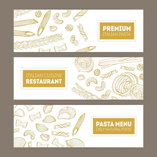 Vector bundle of horizontal web banners with various types of pasta hand drawn with contour lines