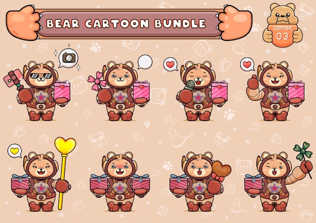 Vector bundle or pack of cute bear astronaut illustration holding a present box and other things