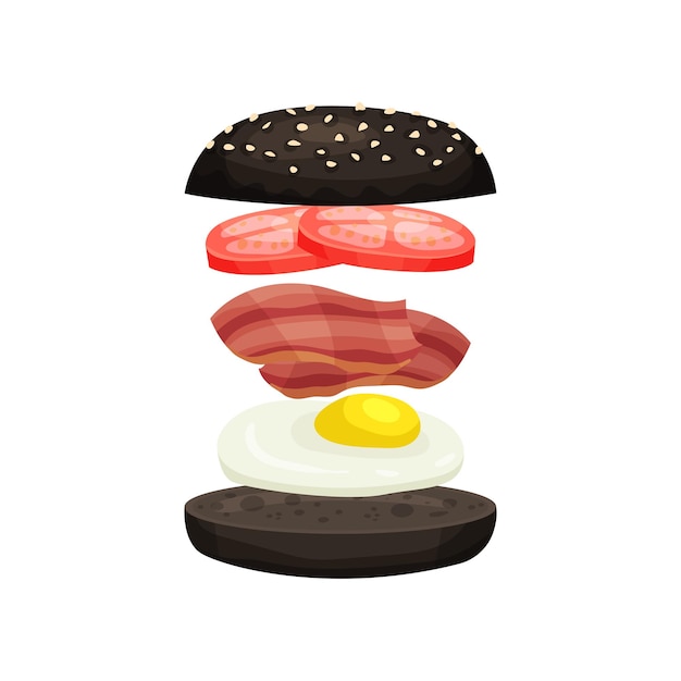 Burger from black bun with sesame fresh tomatoes bacon and fried egg Tasty fast food Flat vector design for promo poster mobile app or menu