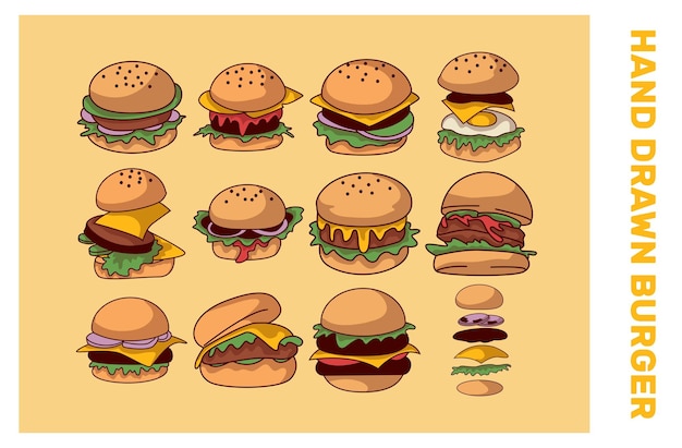 Vector burgers fast food doodle set