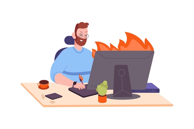 Burning work on pc Burned man rushing working deadline task exhausted busy employee at fire computer desktop difficulties tension workplace vector illustration