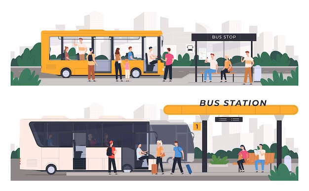 Vector bus stop public transport of people city and intercity bus transportation tourist trips