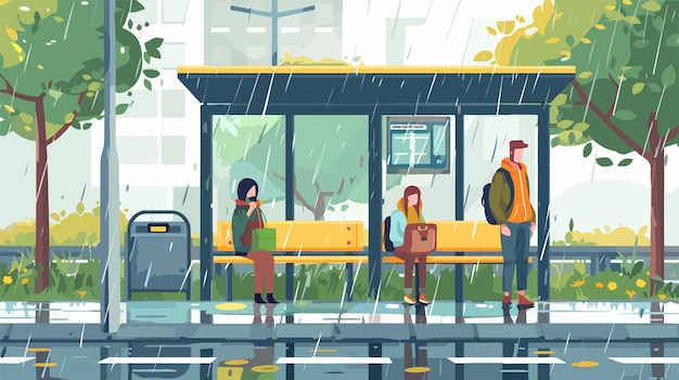 Vector bus stop in rainy weather with man and woman waiting in rain