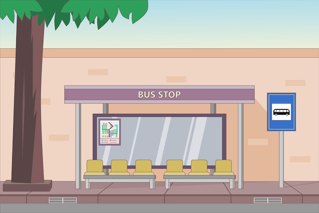 Vector bus stop with shelter on city street urban landscape with public transport station vector illustration