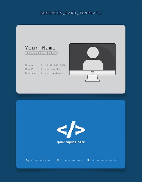 Business card or ID card template with developer icon in pixel for programmer identity design