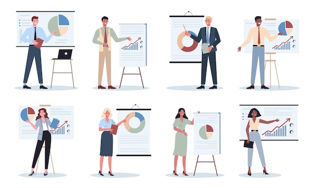 Vector business character making presentation in front of group of co-worker set. presenting business plan on seminar. pointing at the graph. 