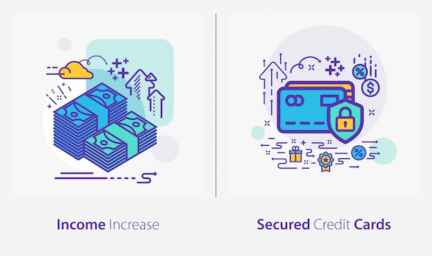 Vector business and finance icons, income increase, secured credit cards