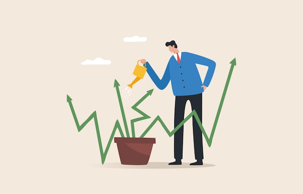 Business growth Bringing businesses into the stock market Growth of a company or fund Investing for long term results A businessman waters down a green graph into a plant pot