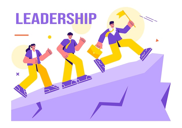 Vector business leadership vector illustration with a businessman leader helping the team develop themselves to achieve success in a flat cartoon background