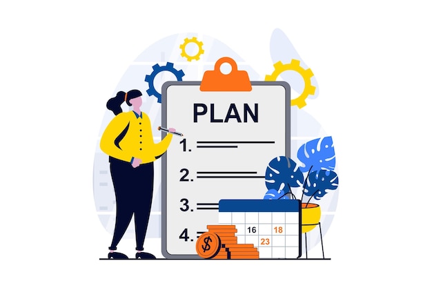 Vector business making concept with people scene in flat cartoon design businesswoman creates plan for organizing business processes and invests in new company vector illustration visual story for web