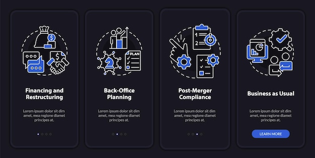 Business merger stages night mode onboarding mobile app screen