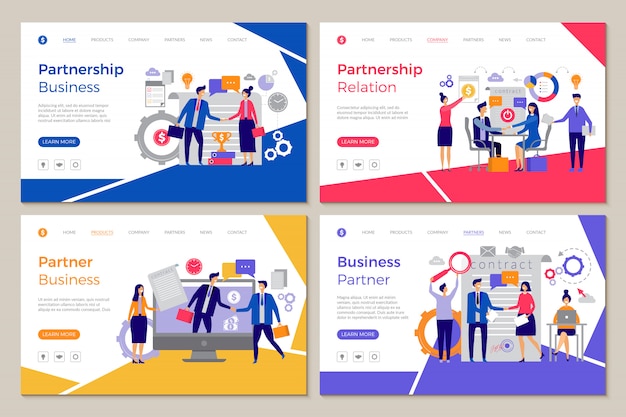 Vector business partners landing. web pages template brainstorming people work partnership finance meeting strategy designs