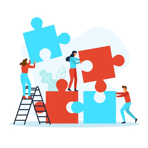 Business people with puzzle pieces working together. Teamwork concept.