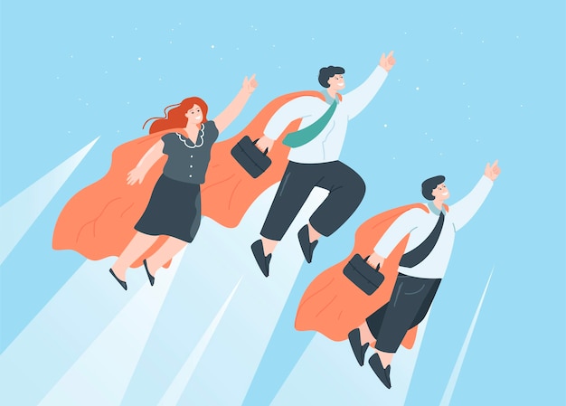 Vector business people with superhero capes flying through sky. team of powerful male and female heroes, professional businessmen in suits flat vector illustration. teamwork, success concept for banner