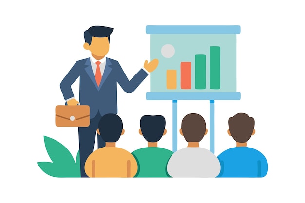 Vector business presentation with professional speaker and audience viewing bar chart on screen