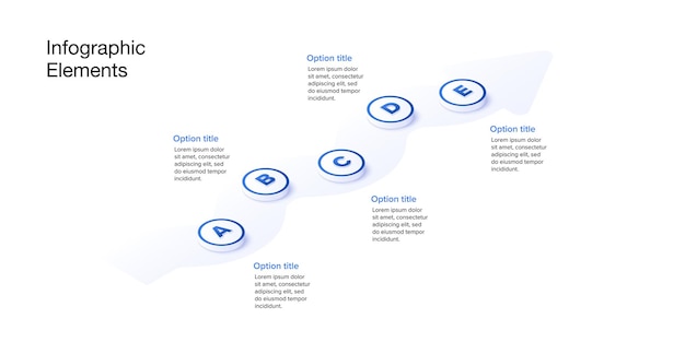 Business process chart infographics with 5 step circles Circular corporate workflow graphic elements Company flowchart presentation slide Vector info graphic in isometric design