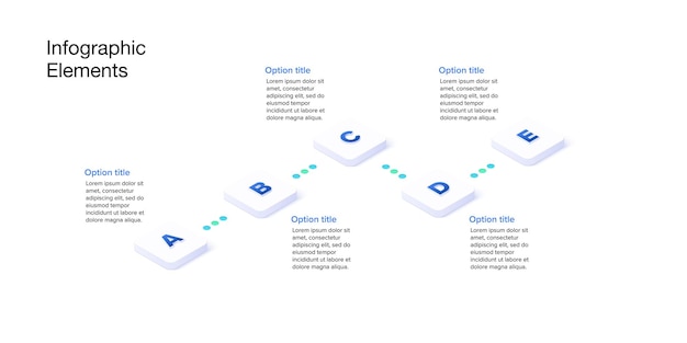 Business process chart infographics with 5 step cubes Cubic corporate workflow graphic elements Company flowchart presentation slide Vector info graphic in isometric design