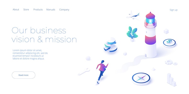 Business vision and mission vector illustration in isometric design. Strategy and corporate goal concept with lighthouse and running female. Web banner layout.