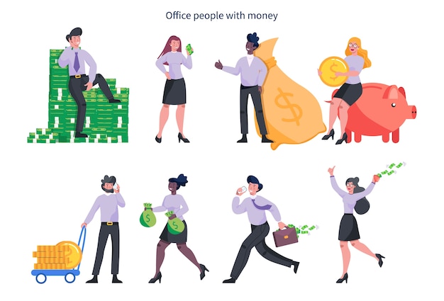  business woman and man with money. Happy successfull people with a pile of money, sitting on the banknotes and holding bag full of cash. Financial well-being.