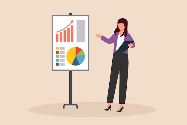 Business woman presenting about sales graph on board in meeting Boss move concept Colored flat graphic vector illustration isolated