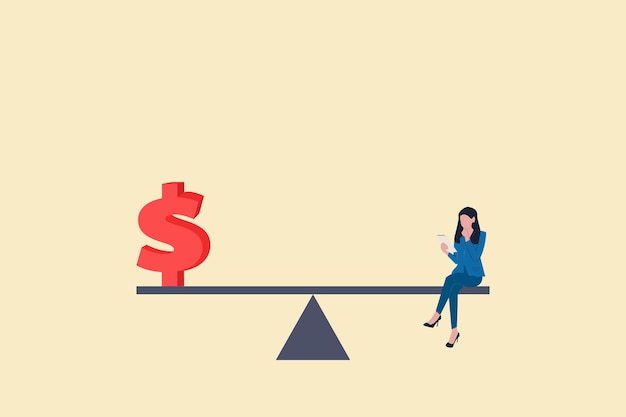 Business woman sitting on a seesaw with a dollar finance money symbol concept off financial balance optimization and Saving budget