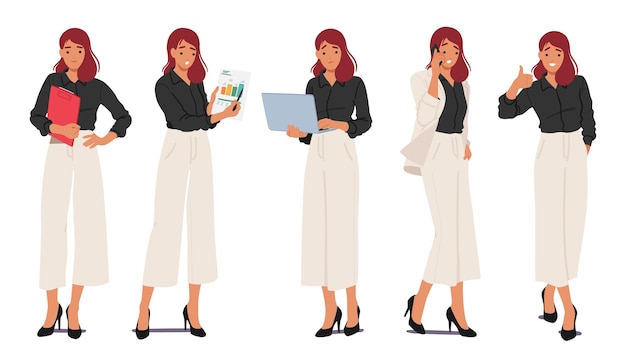 Vector business woman standing in different poses female character in smart wear holding clipboard and laptop showing charts speak by smartphone and show thumb up cartoon people vector illustration