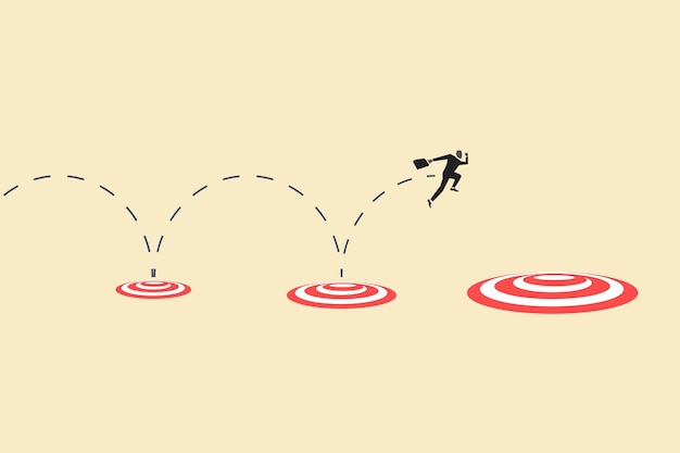 Businessman jumping on bigger target successfully concept of goal achievement advancement in career or business growth concept Aspiration and motivation