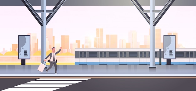 businessman running to catch train business man with luggage on railway station city public transport male cartoon character cityscape