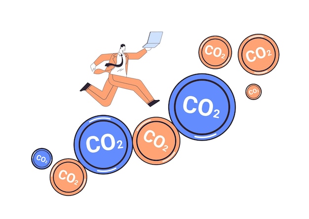 Businessman running with laptop carbon credit concept responsibility of co2 emission environmental conservation