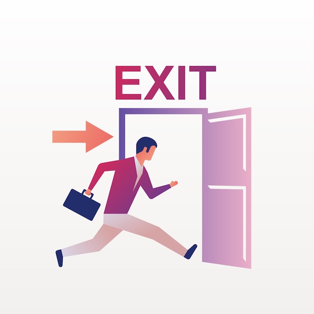 Vector businessman runs into open door. symbol exit. human is running from work. evacuation sing. vector illustration flat design. isolated on white background. emergency exit.