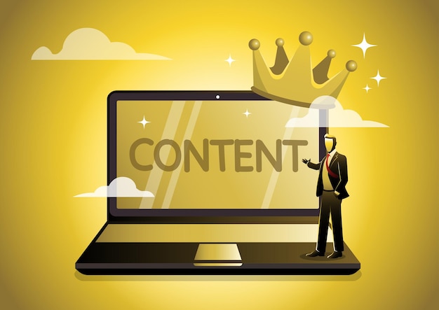 Vector businessman standing on laptop with the word content