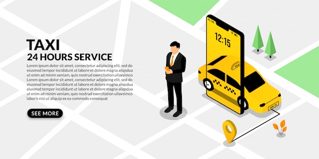 Vector businessman using mobile booking taxi, isometric online taxi service concept