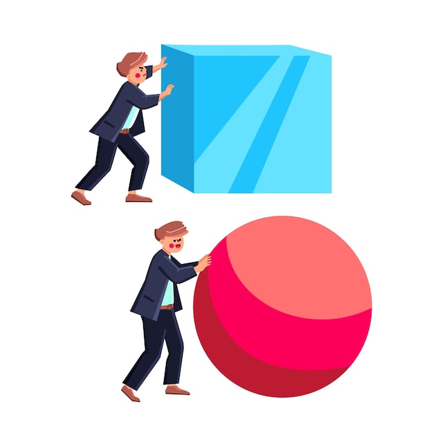 Vector businessman work smart business strategy vector man heavy pushing cube and push ball sphere work smart at competition characters entrepreneur strategy and solution flat cartoon illustration